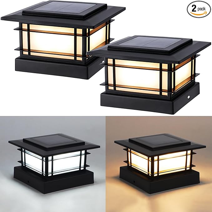 Dynaming 4x4 Solar Post Cap Lights Outdoor with 2 Color Modes, Fence Post Solar Lights Black Shell Fit for Vinyl/Wooden Posts, High Brightness SMD LED Lighting Decor for Garden Deck Patio, 2 Pack