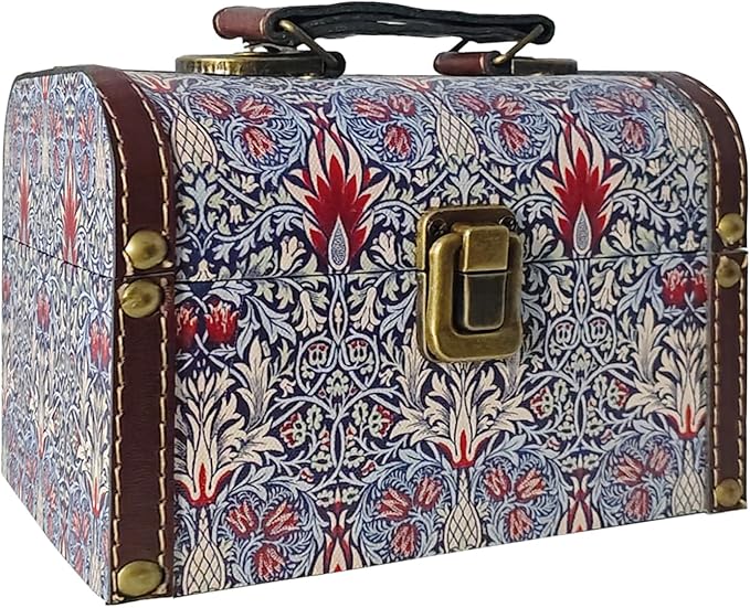 Vintage Decorative Storage Box with Handle, Retro Floral William Morris Keepsake Organizer Chest for Jewelry, Trinkets, Gift Packaging and Home Decor, 7 x 5.6 x 4.7 Inch