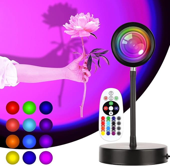 Sunset Projection Lamp - 180° Rotation | 16 Colors | LED | USB Powered | Decorative Atmospheric Lighting | Night Light | for Selfies, Bedroom, Living Room, Photography, Meditation, Multicolor