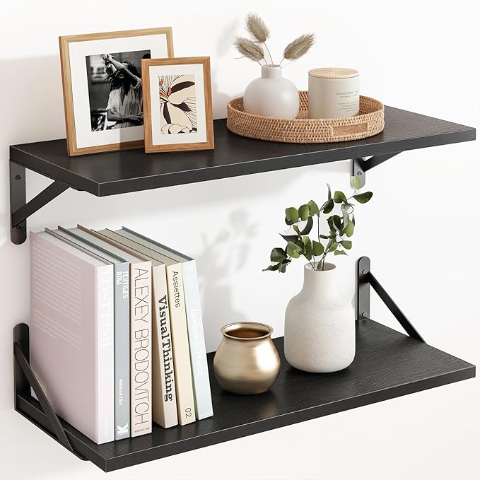 Fixwal Floating Shelves for Wall, 24 Inch Wide x 10 Inch Deep Black Shelves for Bedroom, Large Wall Shelf for Living Room, Kitchen, Bathroom, Laundry Room and Decor Storage (Set of 2)