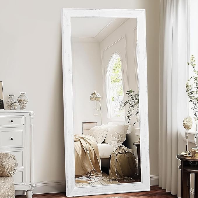 Oversized White Full Length Mirror 71"x32" - Solid Wood Beveled Frame Wall Leaning or Hanging Mirror - Rustic Farmhouse Style for Bedroom, Entryway, Living Room