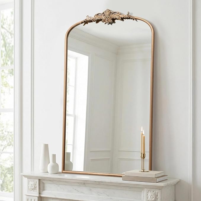 Besdomus Vintage Gold Wall Mirror: 24"x42" French Large Arch Champagne Gold Antique Vanity Wall Mirror - Traditional Ornate Metal Framed for Entryway/Fireplace/Bathroom - Baroque Idea for Housewife