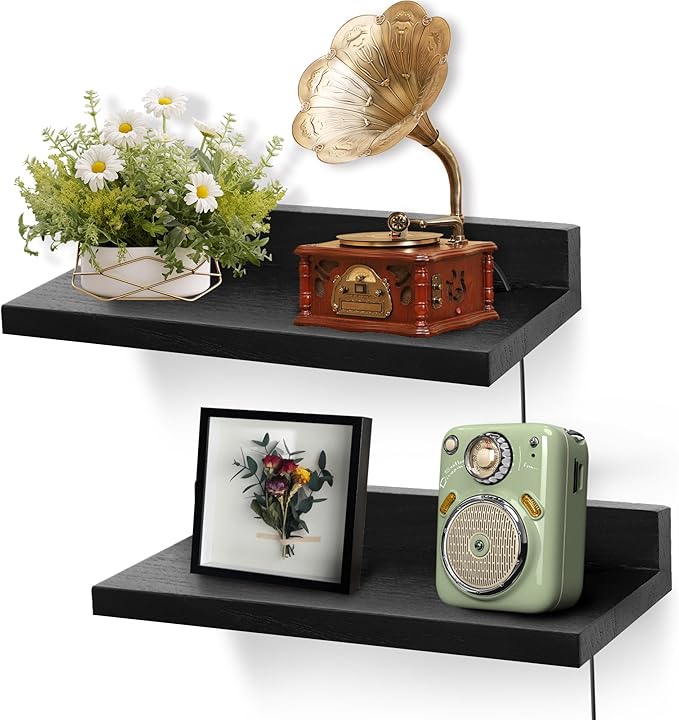 Small Floating Shelf for Wall,9X5 Inch Wall Mounted Shelf with Cord Hole,Small Display Shelves for Cameras, Webcam, Router,Smart Speaker,Action Figures-2 Pcs(Black