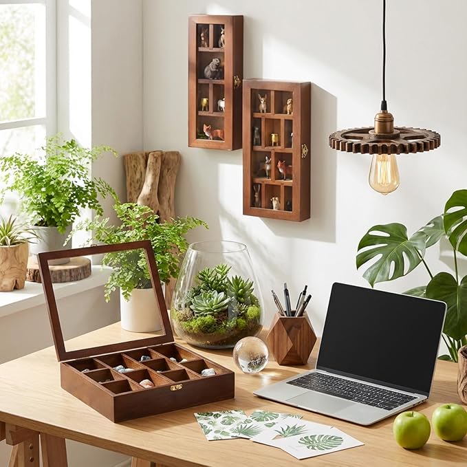 DoubleFill Set of 3 Wooden Trinket Display Shelf Shadow Box with Shelves 10 x 15 Inch Large Wall Mounted Display Storage Mini Figures Curio Trinket Medals Crafts Collections(Brown,Box Shape)