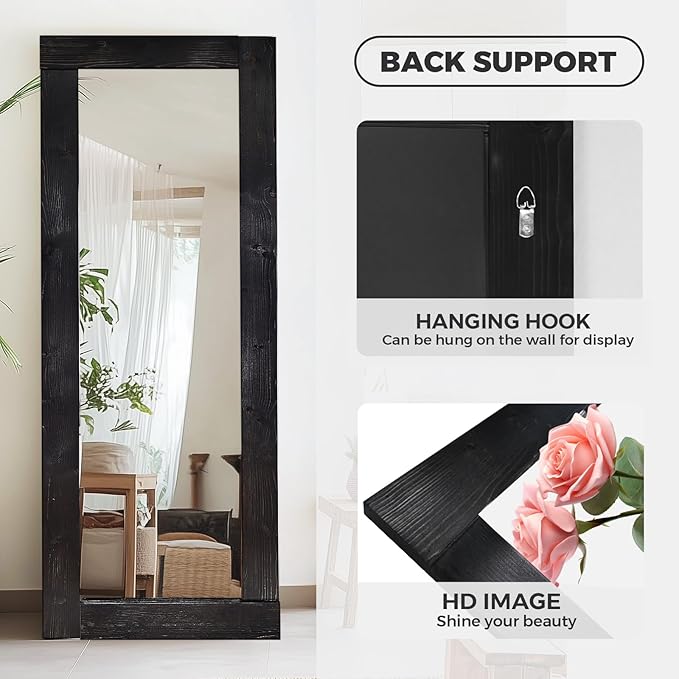 Full Length Mirror 65"x24" – Solid Wood Frame, HD Tempered Glass, Wall Mounted & Leaning, Rustic Modern Decor for Bedroom, Living Room, Entryway, Black