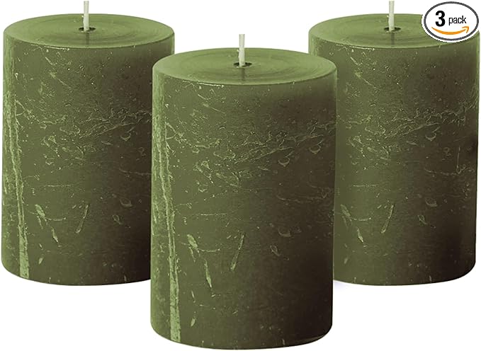 Simply Soson 3x4 inch Dark Moss Green Pillar Candles Set of 3, Rustic Texture, Unscented Green Candles, Dripless Candles, 3 inch Pillar Candles for Wedding Parties Spas Dinner Home Decoration Church