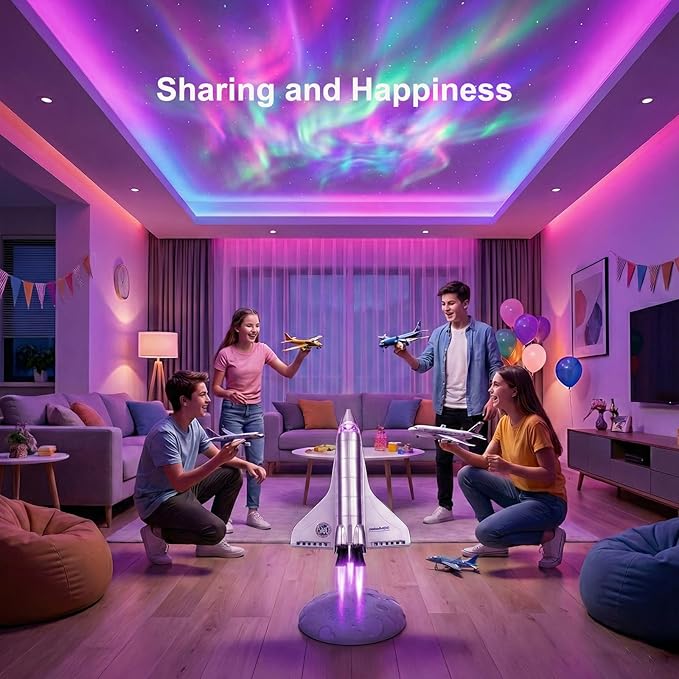 Space Shuttle Galaxy Projector Lights, Dynamic Nebula Night Light with Colorful Tail Jet Flame & Multiple Scene Music Effects, Metallic Texture for Bedroom, Birthday for Kids and Adults
