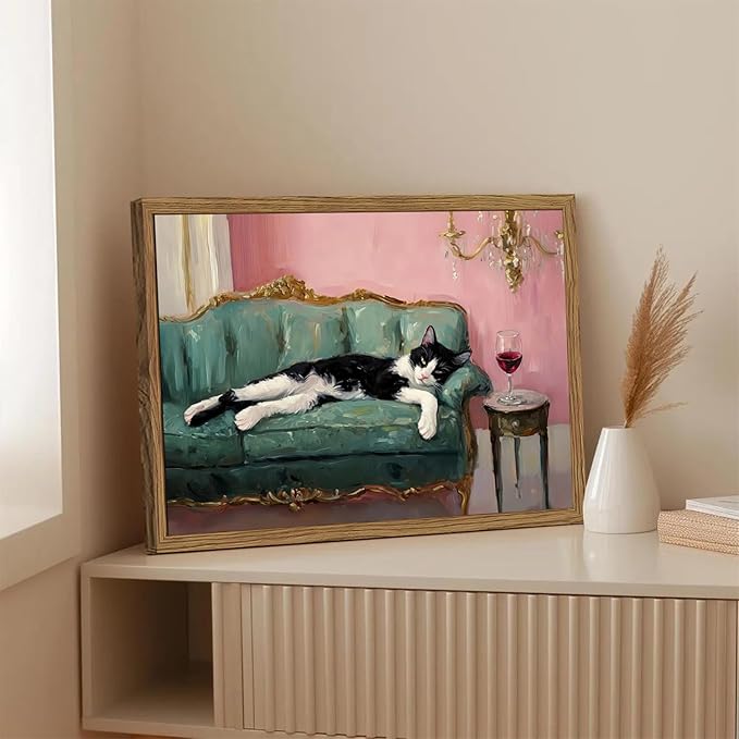 Fun Cat Wall Art Cute Tuxedo Cat With Red Wine Wall Decor Whimsical Animal Cocktail Bar Cart Canvas Poster Quirky Pet Lover Picture Print for Dining Room Living Room Wood Framed 16x24 inch