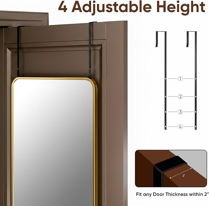 Antok 48''x 14'' Full Length Mirror Over Door, 4-in-1 Standing Leaning Wall Mounted, Adjustable Hanging Mirror for Bedroom Living Room, Gold, Rounded Corner