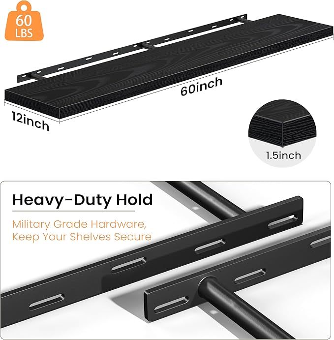 12 Inch Deep Floating Shelves, 60W x 12D Floating Shelf for Books, Rustic Wood Deep Wall Shelves for Home Storage & Display, 1.5" Thicked Shelves for Kitchen, Living Room, Bedroom, Black, 2 Pack