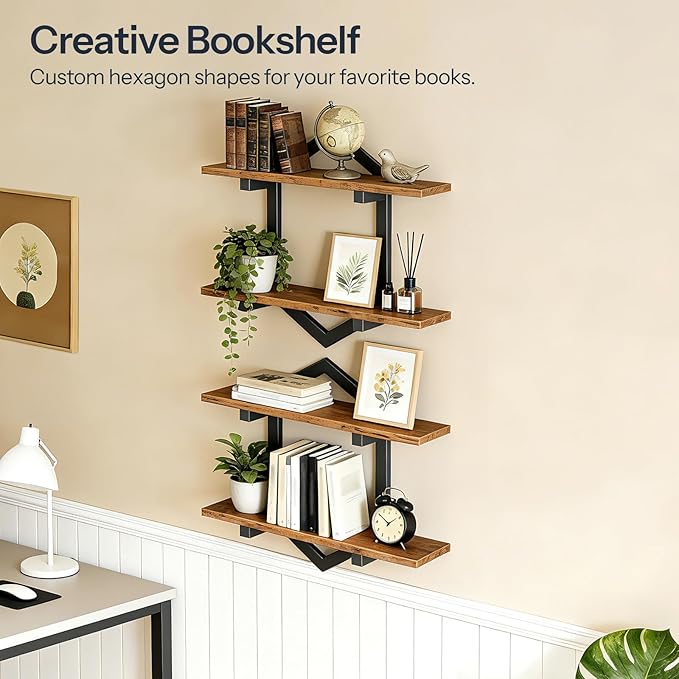 HOOBRO Floating Shelves, 15 Inch Wall Shelf Set of 2, Wall Mounted Storage Shelves 2-Tier, Hanging Bathroom Shelves, for Living Room, Bedroom, Bathroom, Kitchen, Rustic Brown and Black BF13BJP201