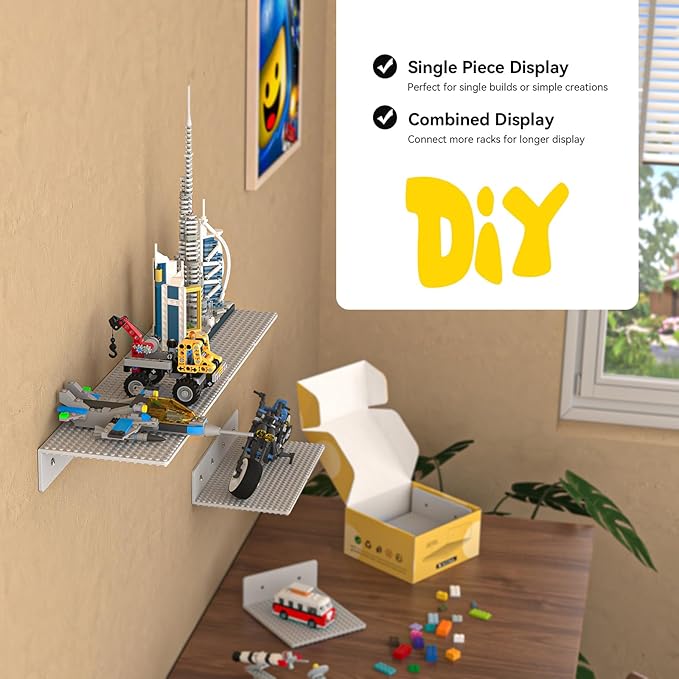 BlissBox 6-Pack Floating Display Shelves for Wall Compatible with Lego Building Bricks, 5 × 5.5 Inch Dual-Sided 16 × 17 Studs for Brick Storage and Display, ABS Display Shelf for Room Decor, Gray