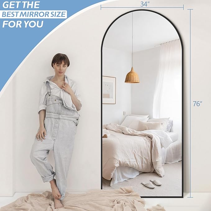 MirrMuse 76"X34" Large Arched Floor Mirror Full Length with Stand, Black Hanging or Leaning Standing Full Length Mirror for Bedroom Living Room Gym, Full Body Mirror Wall Mounted, Tempered Glass