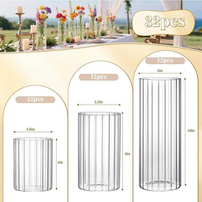 6 Pack Ribbed Glass Cylinder Vases 4,6,10 Inch Tall Clear Flower Vase Hurricane Floating Candle Holder for Table Centerpiece Wedding Home Decor