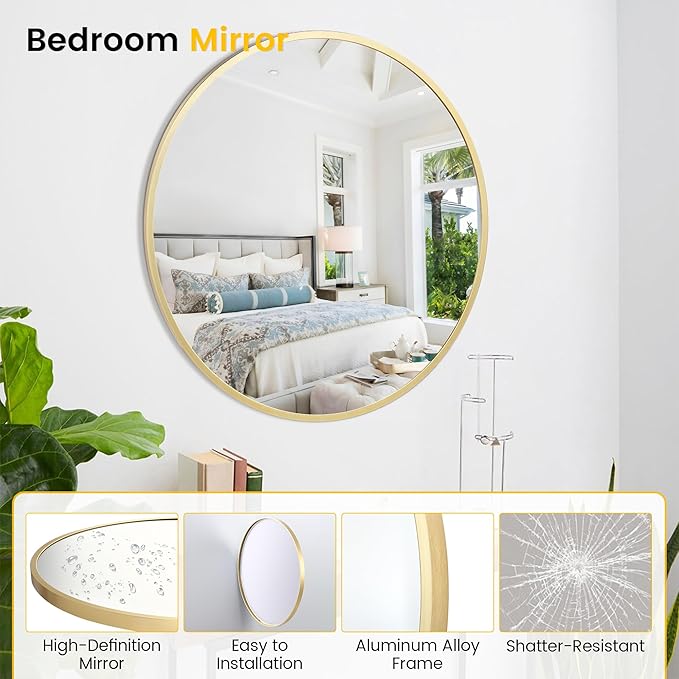 GarveeHome Round Mirror, 18 in Small Aluminum Alloy Circle Frame, High Definition Eco-Friendly Gold Round Bathroom Mirror for Over Sink, Wall Mirror for Entryway, Bathroom, Vanity