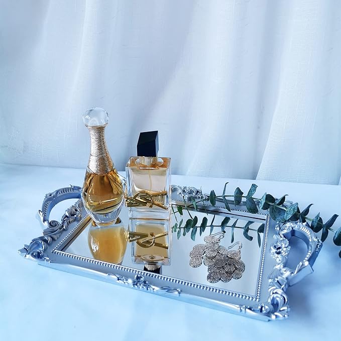 Small Rectangle Decorative Mirror Tray, French Style, Makeup Organizer, Jewelry Organizer, Serving Tray, 13"x 7.8", Silver