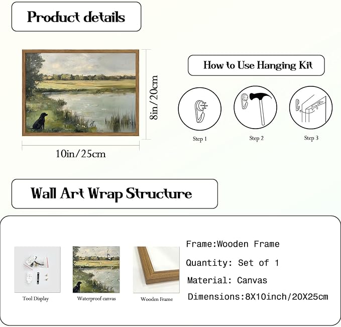 Framed Vintage Hunting Black Dog Wall Art, Rustic Country Nature Landscape Pictures Wall Decor, Farmhouse Animal Paintings Canvas Prints Aesthetic Home Decor for Living Room Bedroom 8x10 inch