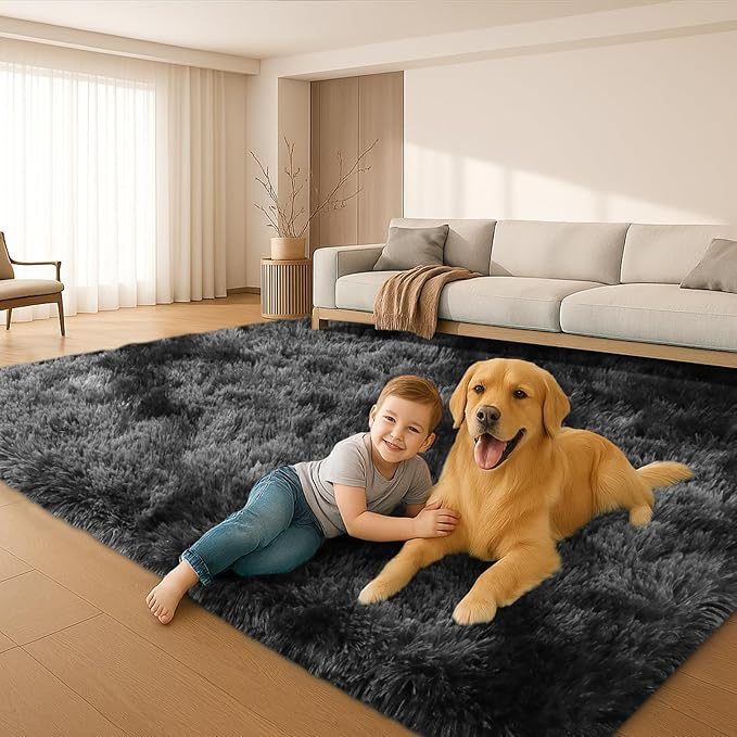 5x7 Plush Fluffy Area Rugs, Large Soft Carpet, Upgraded Non-Slip Rectangular Rug for Living Room, Bedroom, Kids Room, Dorm,Modern Home Decor Aesthetic,Dark Grey.