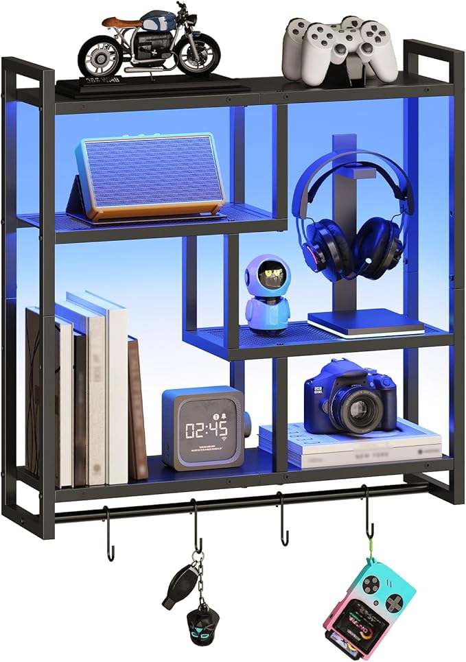 HOOBRO Gaming Floating Shelves with LED Lights, 28.7" LED Wall Mounted Shelf, 4-Tier Floating Wall Shelf for Storage, Display Rack with Hanging Bar and 4 S Hooks, for Gaming Room, Black BB37DBJ01