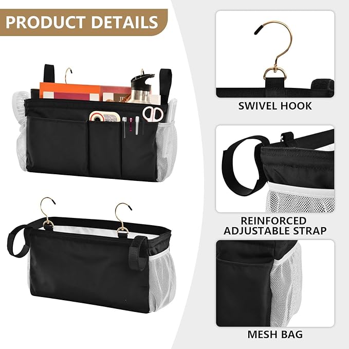 Black Bedside Caddy Storage Bag Bedside Organizer for Bed Rails College Dorm Room Organizer Caddy Hanging Shelf 6 Pockets with Hooks for Drinks Magazine Phone Holder