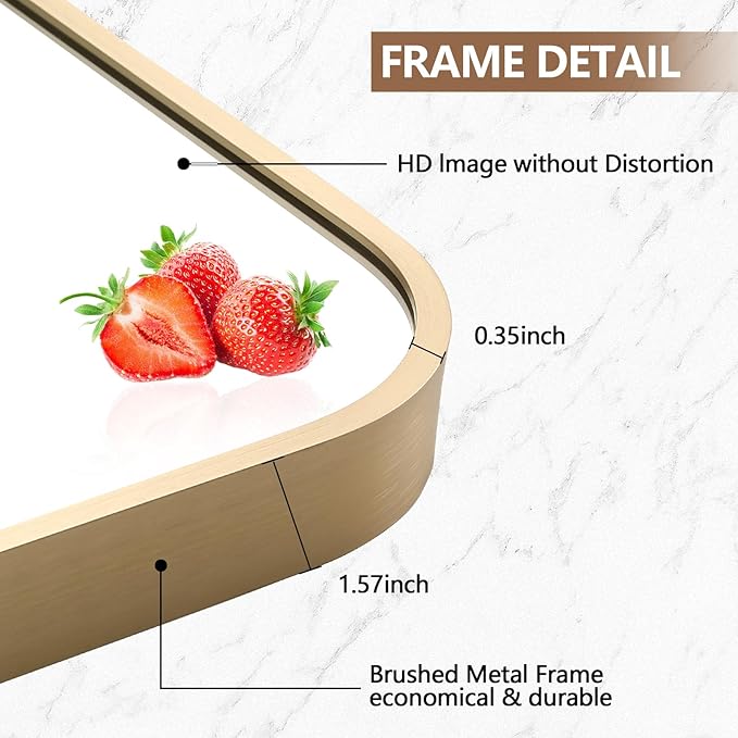 Gold Mirror, 26x38 Inch Framed Rectangle Mirror with Rounded Corner, Brushed Brass Mirror, Gold Bathroom Mirror for Over Sink, Vanity, Living Room, Bedroom, Horizontal/Vertical