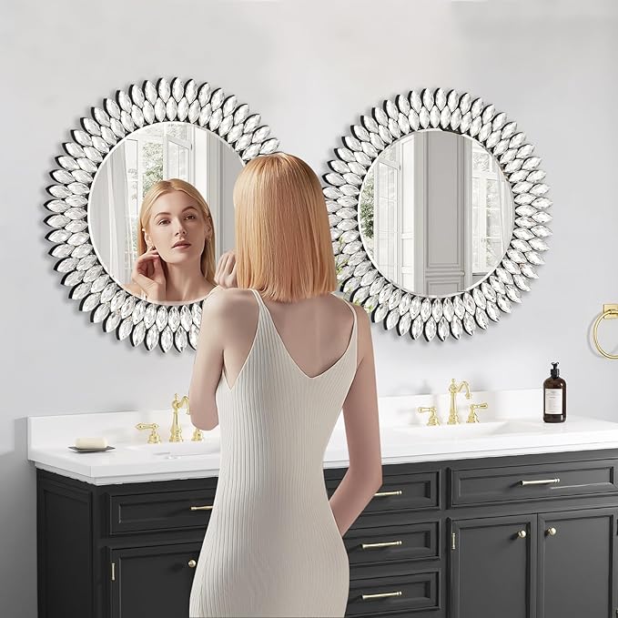 26 Inch Round Mirrors for Wall Decor, Luxury Diamond Entryway Mirrors for Wall, Silver Decorative Mirror for Living Room, Bedroom, Bathroom, Dining Room, Fireplace