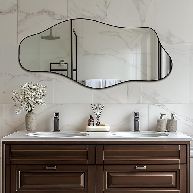 Mirrorons Irregular Wall Mirror 47×21, Black Asymmetrical Decorative Bathroom Mirror, Cloud Mirror, Modern Vanity Mirror, Shatterproof (Black)
