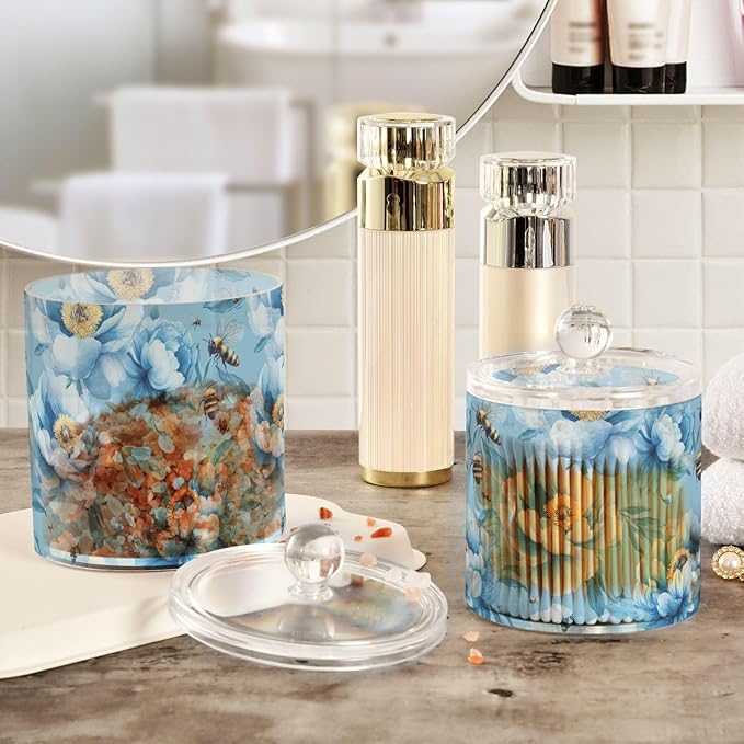 Unique Peonies Blue Clear Plastic Makeup Organizer Storage with lid Dresser Essentials Decorative Dental floss storage jar for Cotton Swabs,Cotton Pads,Floss Picks,Paper Clips,Hair Clips 2