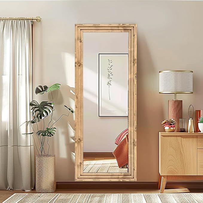 Full Length Mirror 58"x22" Solid Wood Frame Floor Large Mirror for Living Room, Bedroom Hanging or Leaning Wall-Mounted, Light Brown