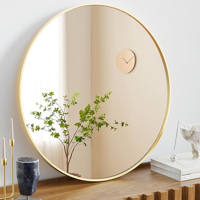 Sweetcrispy 30in Round Bathroom Mirrors for Wall, Bathroom Mirrors for Over Sink, Wall Decor for Bathroom, Entryway, Bedroom, Vanity, Gold