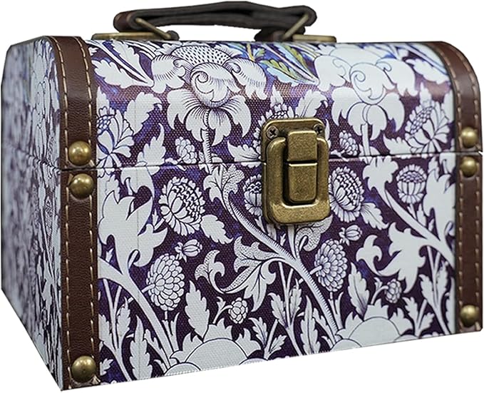 Vintage Decorative Storage Box with Handle, Retro Floral William Morris Keepsake Organizer Chest for Jewelry, Trinkets, Gift Packaging and Home Decor, 7 x 5.6 x 4.7 Inch