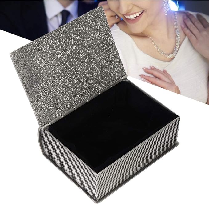 Simulation Book Shaped Jewelry Storage Box, Retro Carved Patterns Tin Alloy Decorative Organizer, Cosmetic Tools Organizer with Soft Flannelette Inside, Ideal for Necklace & Home