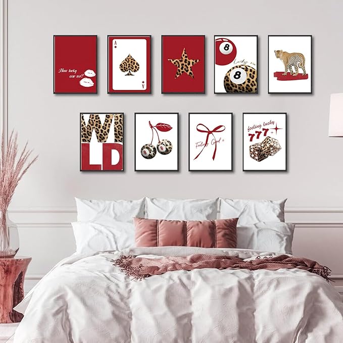 9Pcs Trendy Red Leopard Wall Art Prints Funky Lucky 8 Ball Posters Preppy Cheetah Aesthetic Wall Decor Pictures Girly Bedroom Apartment Dorm Unframed 8x10in