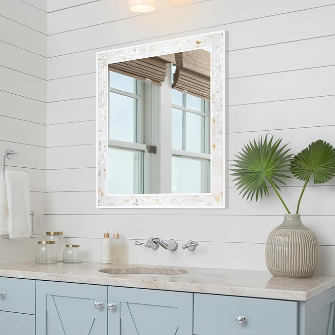 Tanmicoshomy 30 x 36 Inch White Rectangle Wall Mirror, Natural Shell Framed Rectangular Mirrors for Bathroom Bedroom, Living Room, Entryway, Wall Mounted Horizontal or Vertical