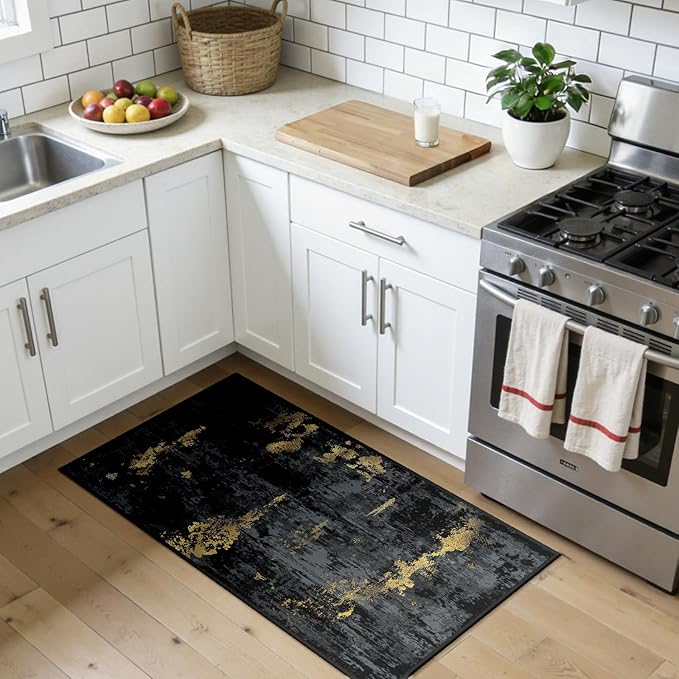 RELEANY Washable Area Rugs 2'x4' Non-Slip Modern Abstract Soft for Living Room Entryway Bedroom Nursery, Print Pattern, Dark Black Gold