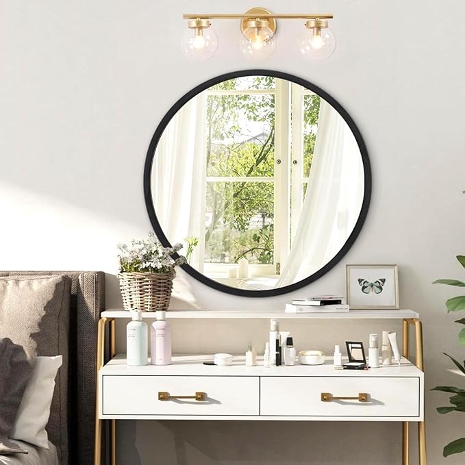 JJUUYOU Circle Wall Mirror 20 Inch for Home Decor Black Round Mirror for Bathroom Wall Mounted Metal Aluminum Frame Vanity Mirror for Living Room, Bedroom, Washroom, Dorm