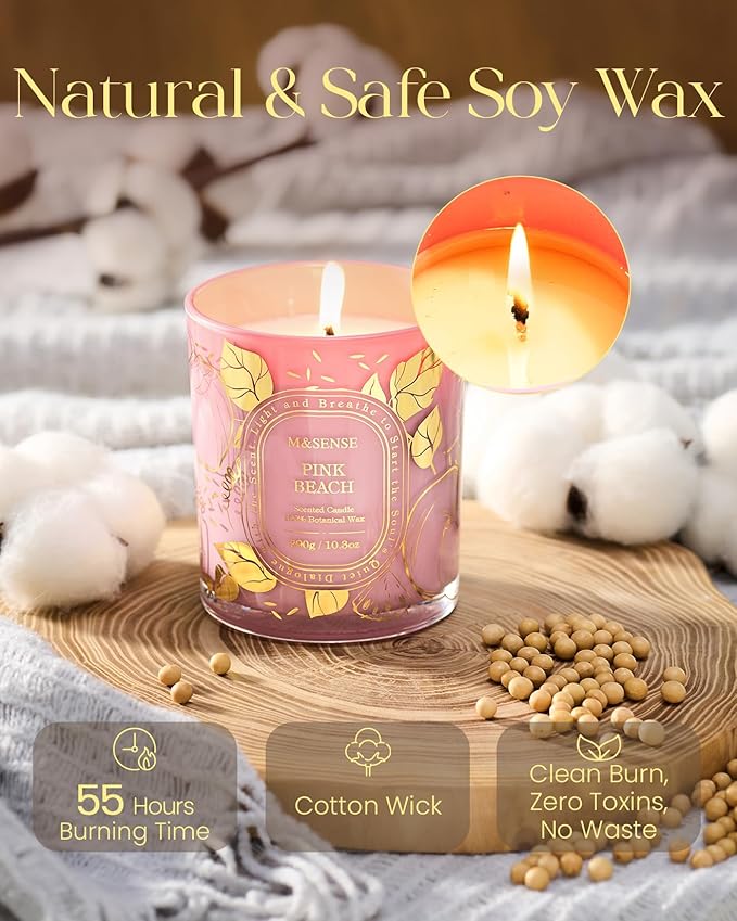 M&SENSE Pink Beach Scented Candle, Natural Soy Candle, Clean Burn Non Toxic, 55 Hours Long Burning 10.3oz, Romantic Dating Home Fragrance Decor, Gifts for Women