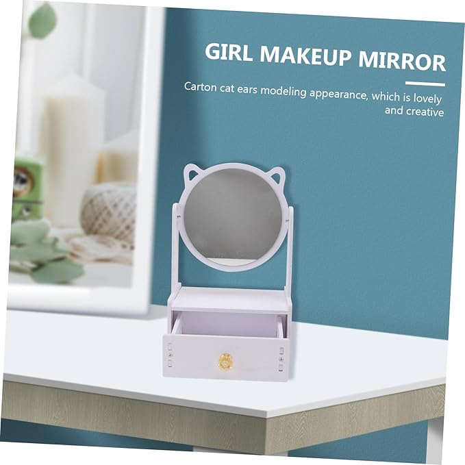 Desktop Makeup Mirror with Storage Drawer Cat Ears Design for Home and Office Use Durable Material Stylish Vanity Organizer for Cosmetics and Accessories
