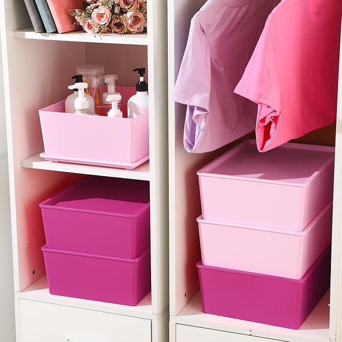 Menkxi 6 Pcs Large Plastic Storage Bins with Lids 14.4 x 10.4 x 5.1 Inch Stackable Storage Containers Decorative Cubby Organizer for Clothes Shelves Garage Closet Office (Pink Series)