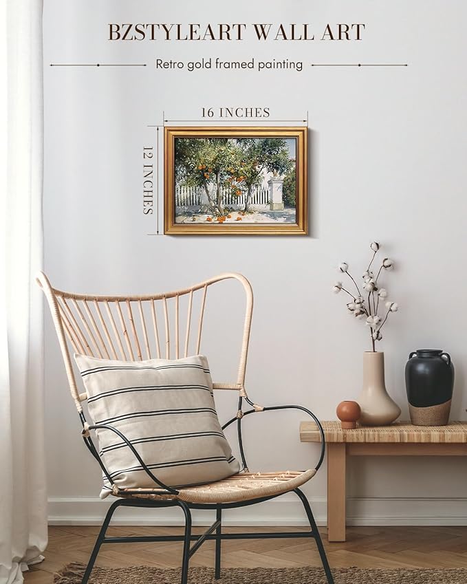 Bzstyleart Vintage Wall Art Decor for Living Room, Gold Framed Canvas Wall Art Home Decor Aesthetic, Orange Courtyard Prints, Canvas Picture Print Artwork, 12 x 16 Inch
