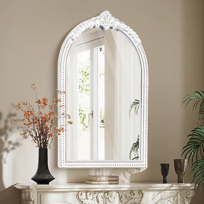 Farmhouse Baroque Wooden Wall Mirror - 36x24 Inches Antique White Arch Mirror, Ornate Beaded Decorative Mirror for Fireplace Mantel, Living Room