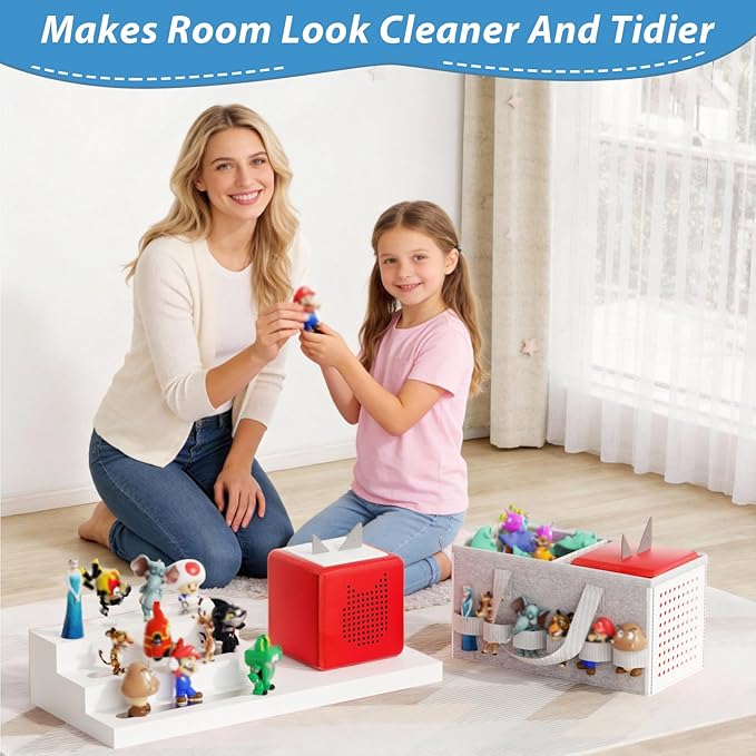 for Tonie Shelf Magnetic - Wooden Tonies Organizer with Carrying Bag, 3 Tiered Magnetic Display Shelf for Toniebox Holder, Wall Mount/Countertop Use Tonies Toy Storage for Kids Room/Playroom (White)