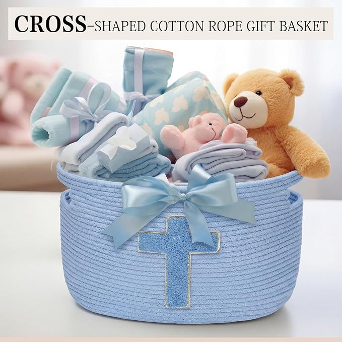 Sliner Baptisms Gifts Basket with Handles, Baptisms Cross Design Cotton Rope Basket Gifts Stuffers Storage for Christenings First Communions Religious Occasions, 15 x 10 x 9 Inch(Blue)