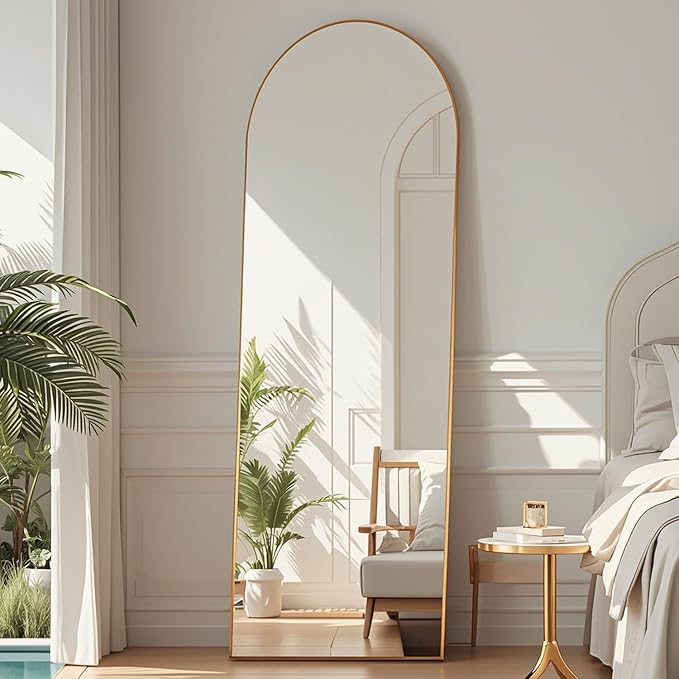 DMWOODFL 58"x18" Arched Full Length Mirror - Floor Standing or Wall Mounted with Stand, Aluminum Frame & Shatter-Proof Glass, Gold Freestanding Mirror for Bedroom, Living Room, Entryway Decor