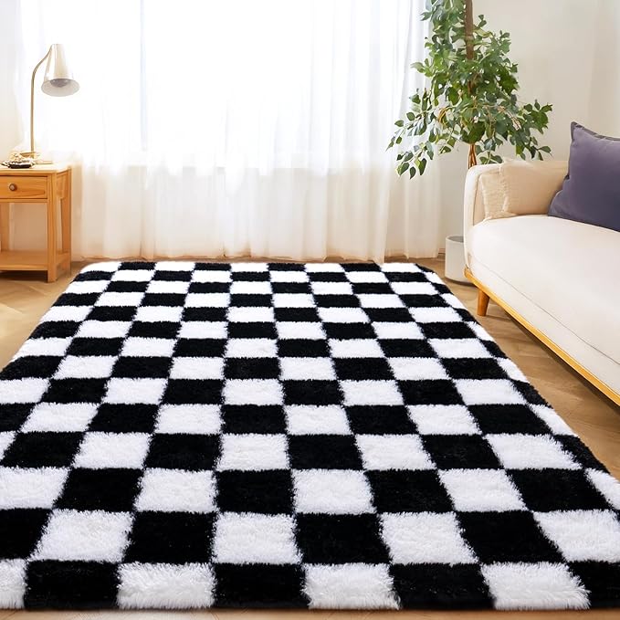 Checkered Rugs for Living Room Bedroom, 5x7 Area Rugs for Living Room, Modern Shaggy Carpets Fuzzy Rug for Boys Girls Dorm Nursery Home Decor Aesthetic, Upgrade Non-Slip Durable, Black and White