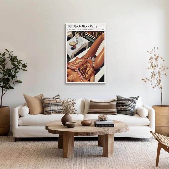 Trendy Newspaper Posters Vintage Good Vibes Daily Wall Art 60s La Dolce Vita Poster Beach Vibe Funky Aesthetic Retro Trippy Art Canvas Prints for Cool Girl Room Home Dorm Decor 12x16inch Framed