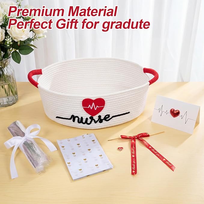 Colingmill 2026 Graduations & Nurses Week Gift Basket Empty to Fill, Woven Rope Basket 15" x 11" x 6" Decorative Storage Baskets with Gift Bag, Bow, Tissue Paper & Year Charm (White)