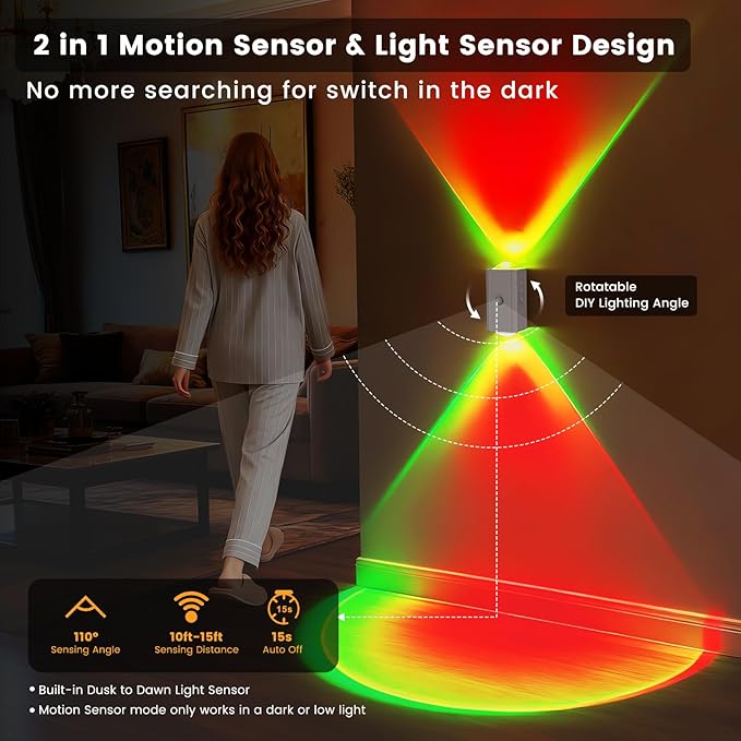 easuntec Motion Sensor Rechargeable Night Light Color Changing, 8 Colors Sunset Projector Lamp, Magnetic Stick-on Wireless Sunset Lamp for Room Decor,USB-C Dimming & No Drill Installation（RGB,2 Pack）
