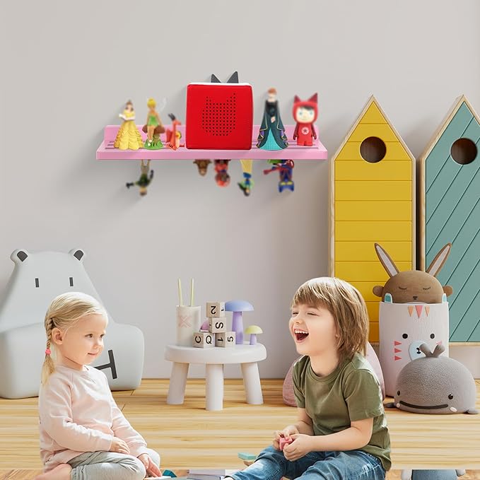 For Tonies Figures Shelf Magnetic,for Tonie Box Wall Shelves,for Tonies Characters Organizer Audio Toy Storage (Holds 36 Figurines),Compatible Charging Station for Children Kid's Room,Oak Wood,Pink