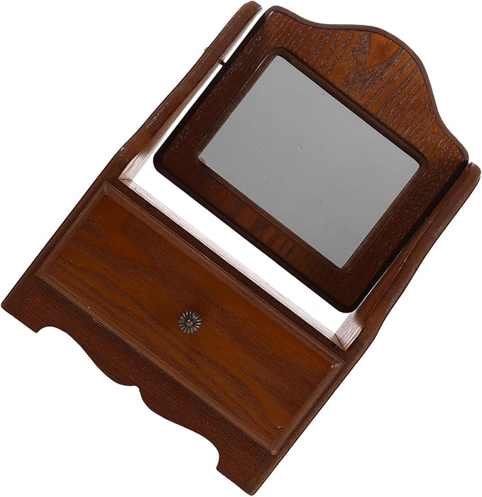 Wooden Vanity Mirror with Drawer Vintage Square Makeup Mirror for Bedroom Dressing Table Desktop Cosmetic Organizer for Women Bathroom Storage